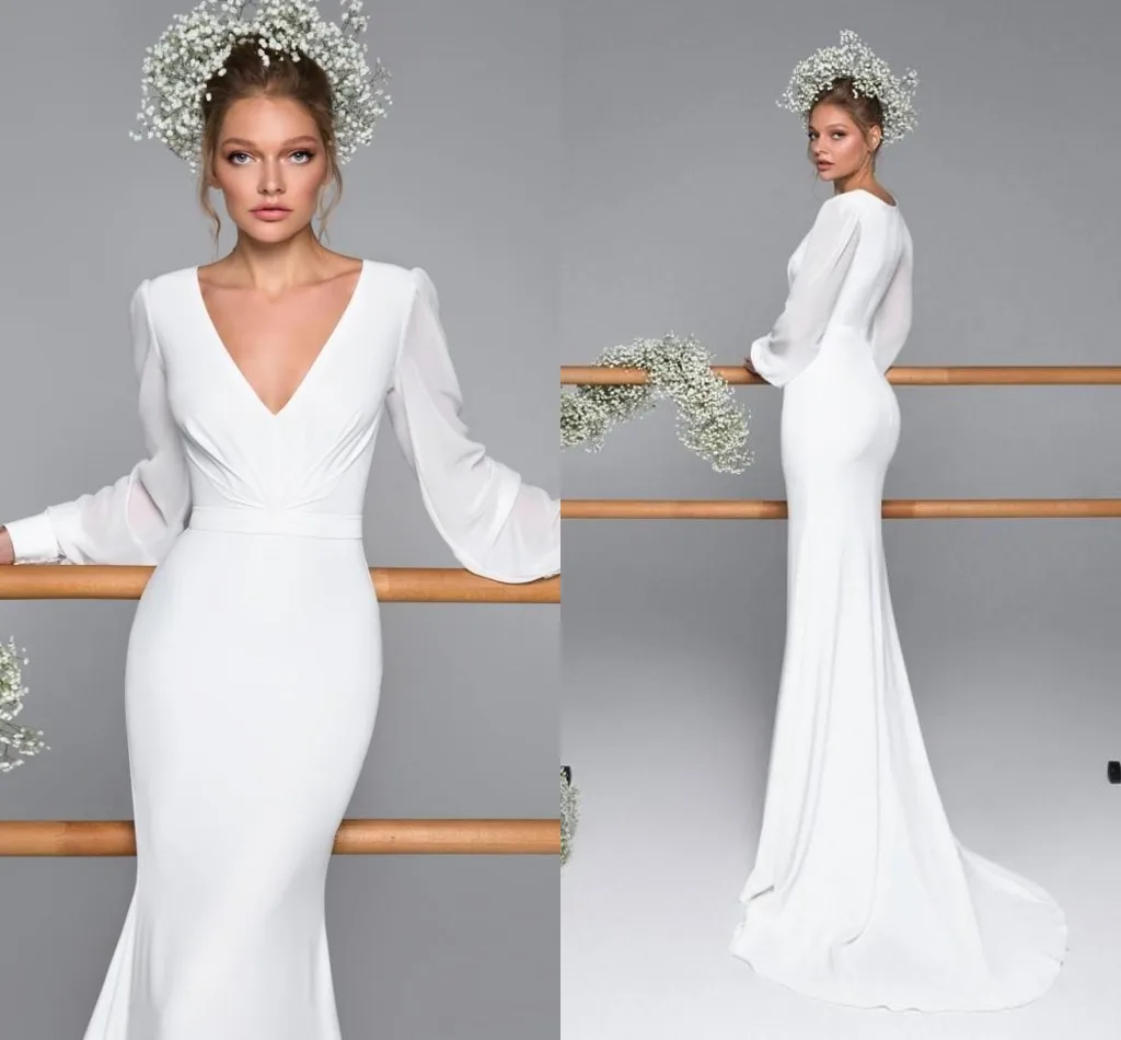 

Customized 2025 Vintage Cheap Wedding Dresses V-neck Satin with Long Sleeves Ruched Vestidos De Novia Mermaid Bridal Gowns