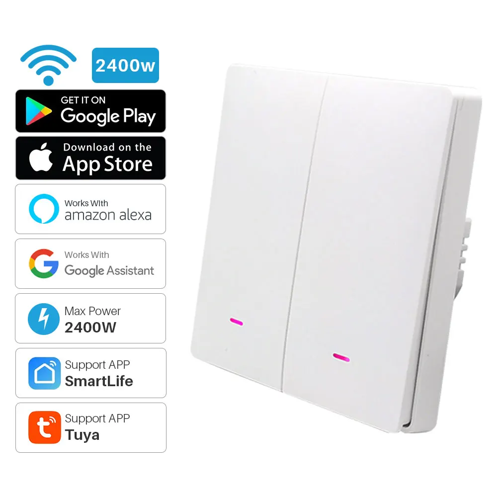 2Gang Smart WiFi Light Switch Push Button Tuya APP Remote Control Smart Home Automation Works With Alexa Google Assistant