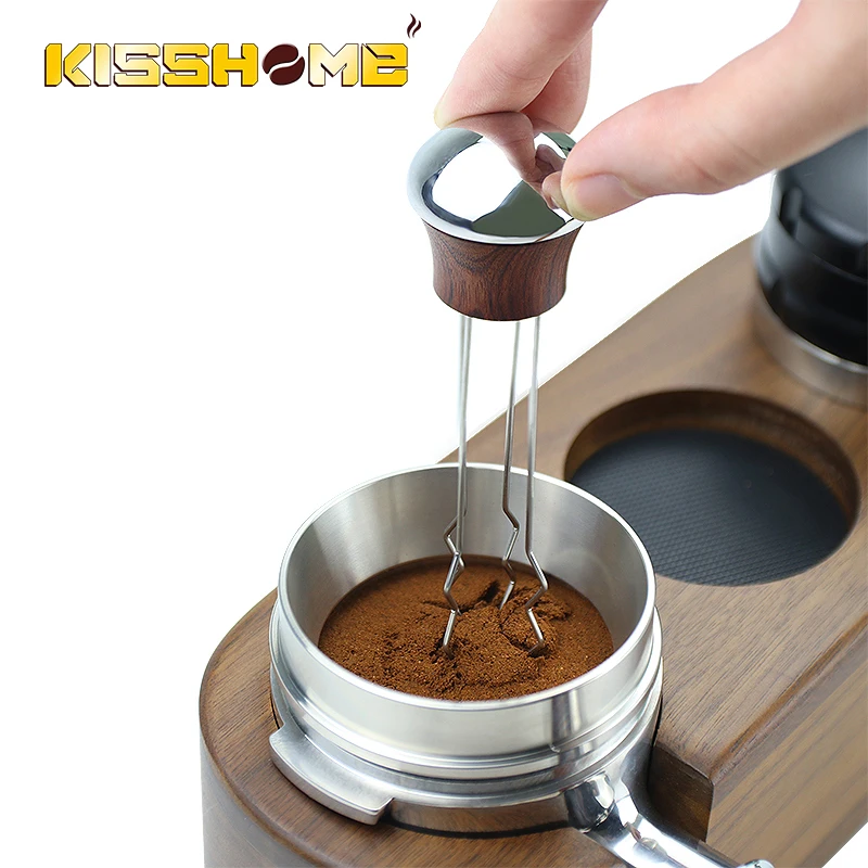 58MM/53mm/51MM Wood Handle Needle Coffee Tamper Distributor Leveler Tool Needle Type Coffee Powder Distributor Barista Gift