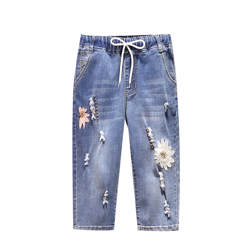 Oversized Summer Jeans Women New Elastic High Waist Harem Pants Embroidery Beaded Holes Vintage Denim Pants Female Cropped Pants