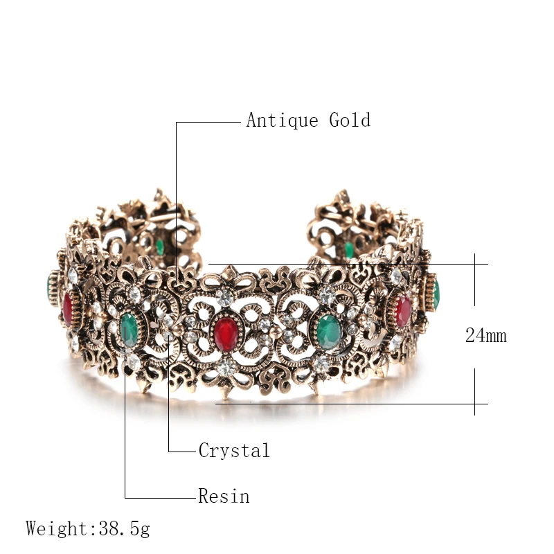 Wbmqda Charm Boho Crystal Bangles Antique Gold Adjustable Wide Cuff Bracelets For Women Statement Jewelry Party Gift Wholesale