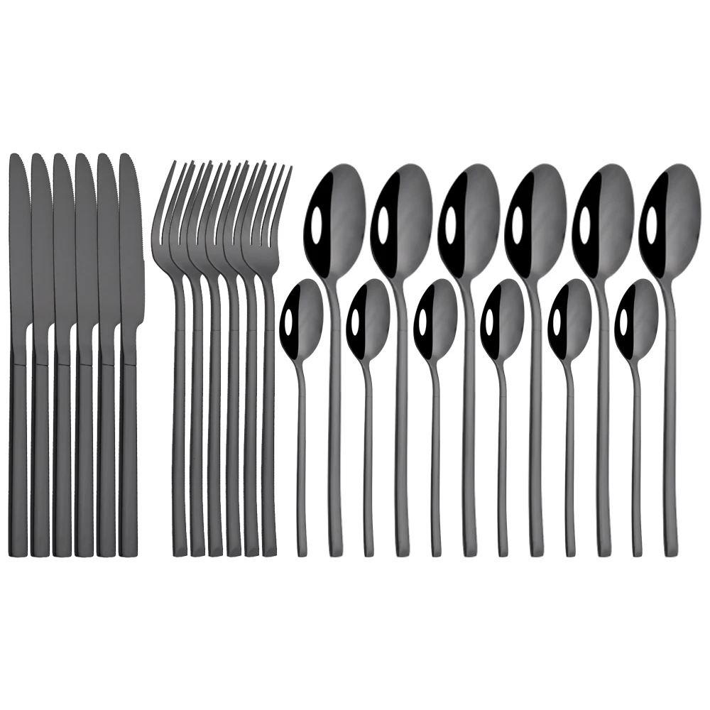 24Pcs Mirror Black Cutlery Set Home Knife Fork Spoon Dinner Tableware Stainless Steel Dinnerware Kitchen Flatware Silverware Set