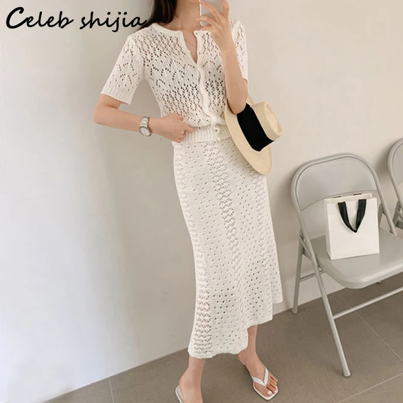 

White Knit 2 Piece Sets Women Tops and Elastic Waist Skirts Spring Summer Hollow Out Korean Knitted Two Piece Set Woman Ol