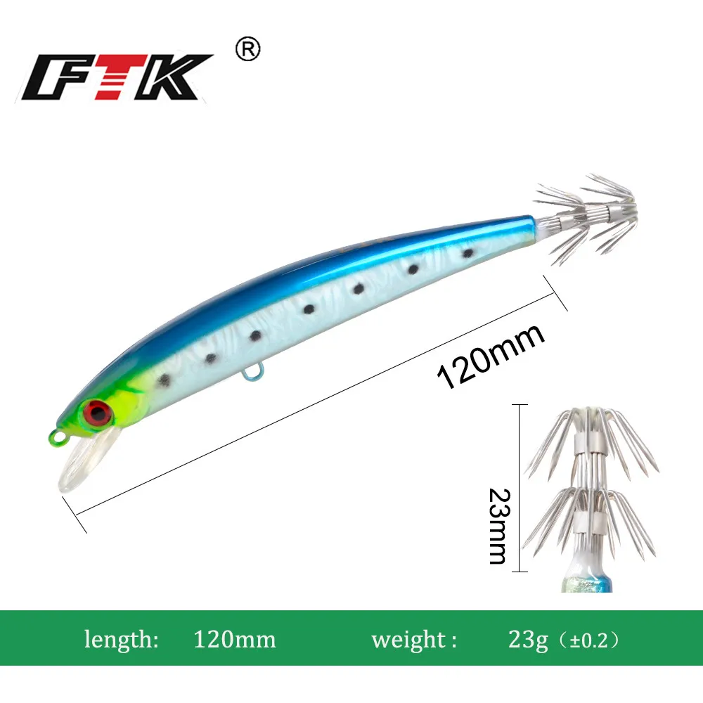 FTK Minnow Wobblers señuelo de pesca 120mm 23g anzuelo de calamar ojos 3D madera camarones mar cebo Artificial duro