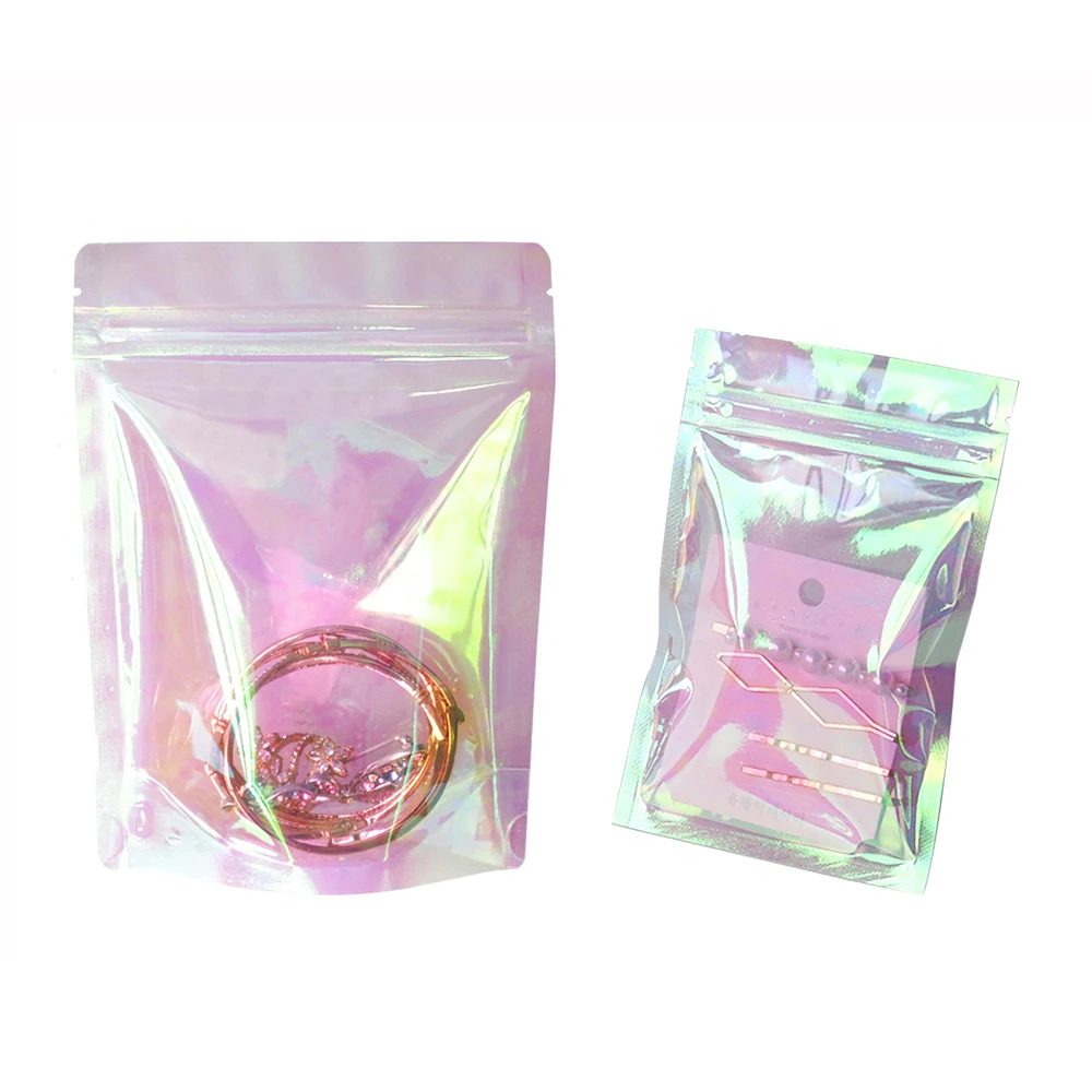 100pcs Pink Stand Up Holographic Zipper Packaging Bag  Flat Pouches Small Laser Zip Lock Plastic Bags for Cosmetic Jewelry