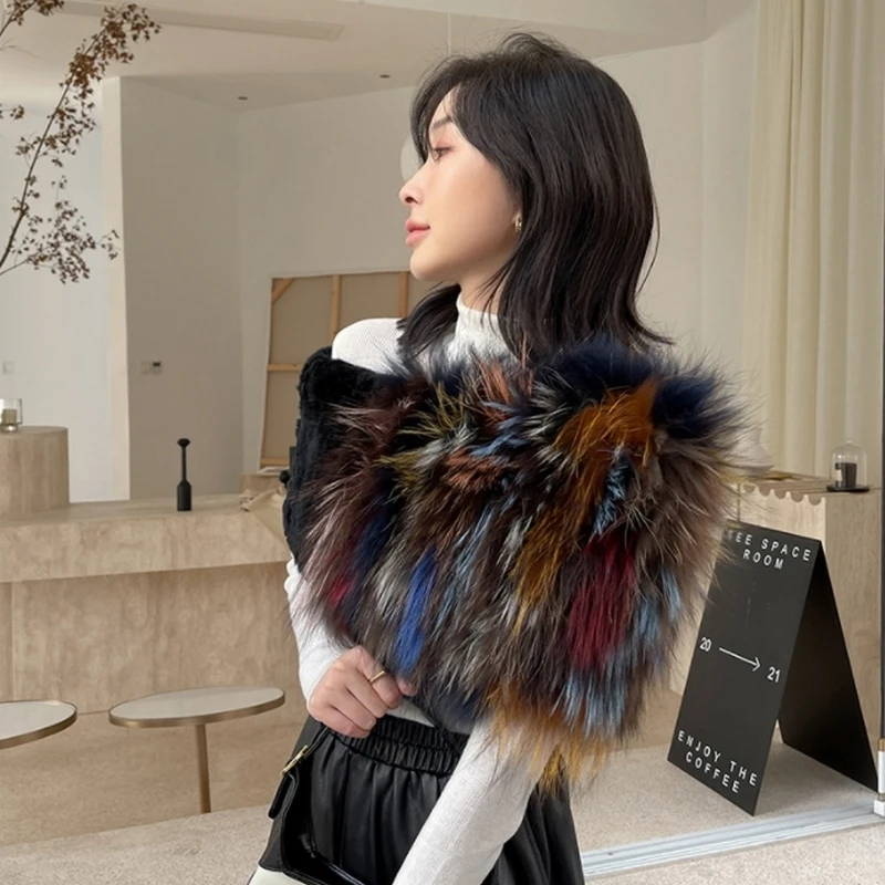 2021 New Fox Fur Scarf Colorful Knitted Stretch Fur Cape Winter Warm Rex Rabbit Fur Shawl Real Fur Collar Neckwear Winter Warm