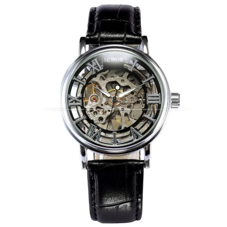 SEWOR Top Brand Watch Men Skeleton Watches Men Roma Number Mechanical Hand Wind Wristwatches Men Cheap Watch Erkek Kol Saati