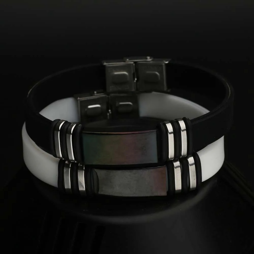 2024 Trend Jewelry Vintage Black Glossy Stainless Steel Silicone Bracelet Cuff Rubber Bracelet For Men\'s Pulsera Hombre