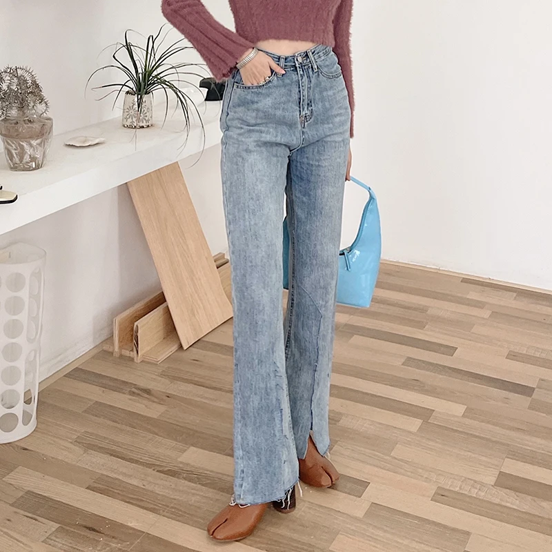 Ripped Front Split New High Waist Straight Jeans Women Vintage Classic Boyfriend High Street Full Length Denim Pants Trousers