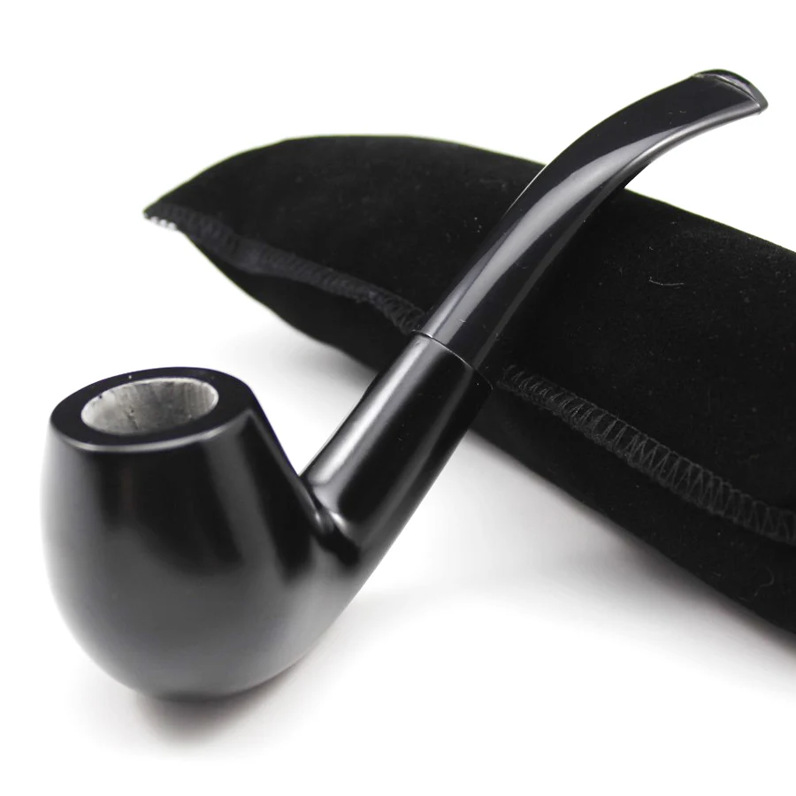 Handmade Nature Ebony Wood Bent Type Round Smoking Pipe Tobacco Wooden Smoke Pipe Gift 10pc 9mm Filters + Pouch + Holder #508bS