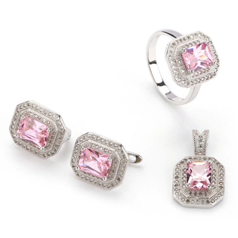 

SHUNXUNZE Luxury Wedding Jewelry Sets For Women Dropshipping (Ring/Earring/Pendant) Pink Cubic Zirconia Rhodium Plated R3240Set