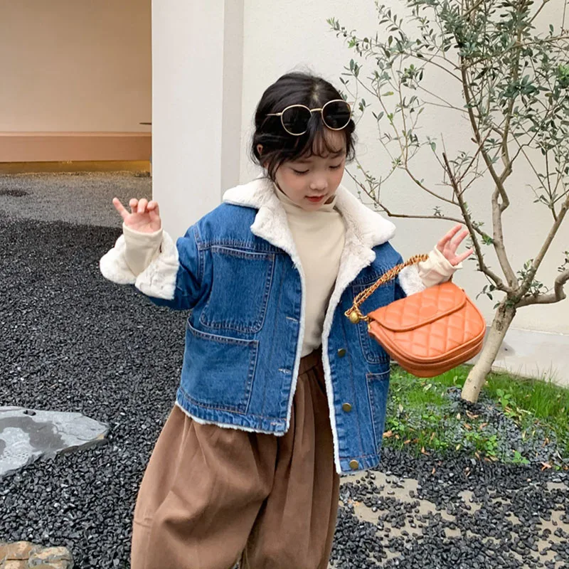 

Thick Warm Kids Velvet Denim Coat 2022 Autumn Winter Girl Boy Turn-Down Collar Jackets Outerwear Korean Style Children Overcoat