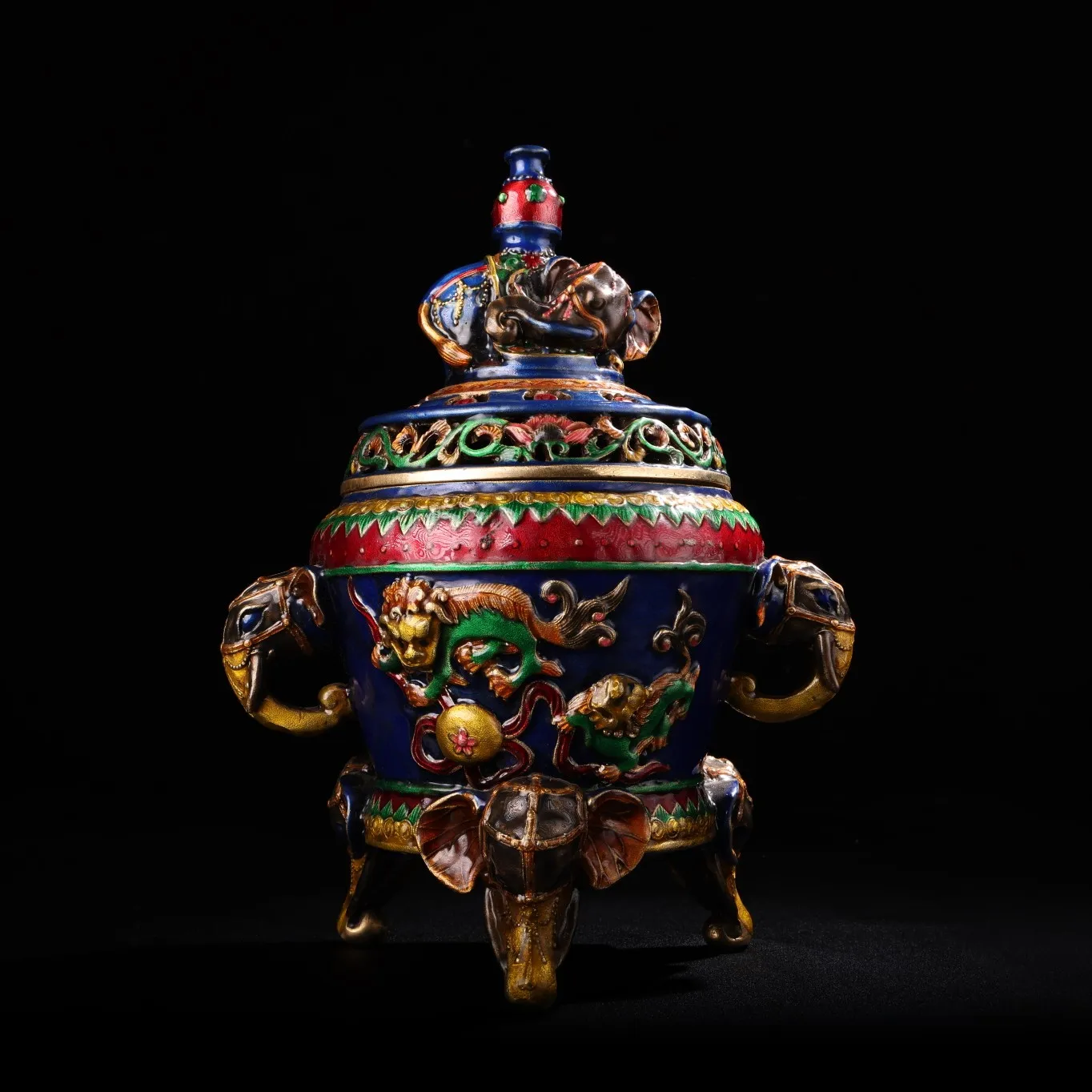 

11"Tibetan Temple Collection Old Bronze Cloisonne Enamel Elephant Statue Elephant head Binaural Three-legged incense burner