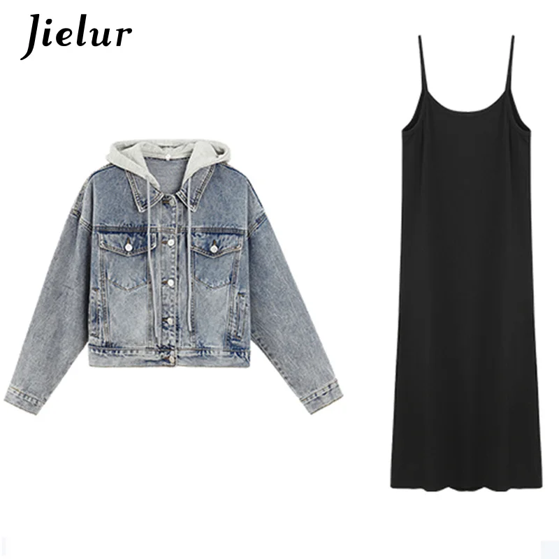 Jilur Denim Jacket Strap Long Dress Women New Autumn Two-piece Suit All-match Spliced Fashion Blue Jean Jacket Coat Skinny 2021