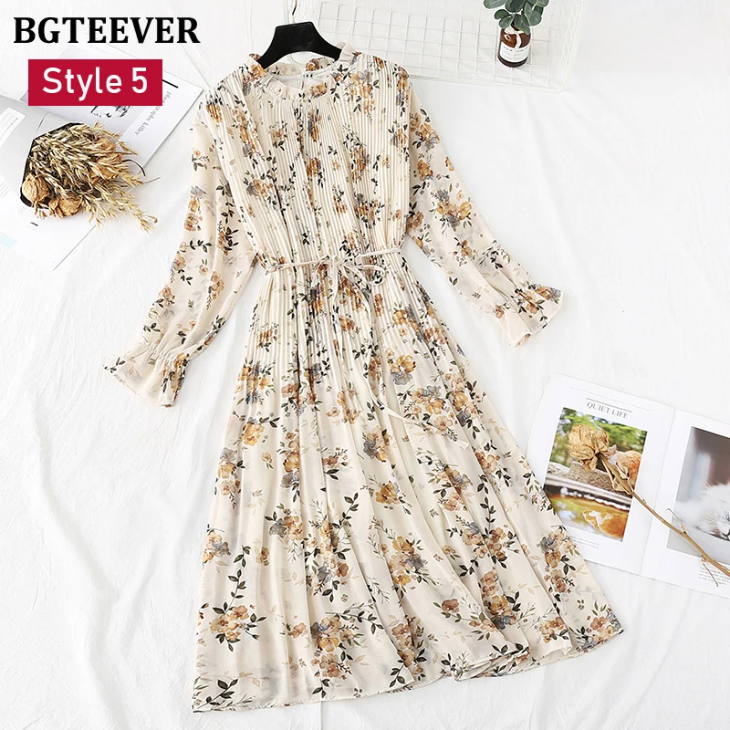 BGTEEVER Spring Stand Collar Floral Print Women Dress Lace Up Female Pleated Dress Summer Party Midi Chiffon Vestidos femme 2021