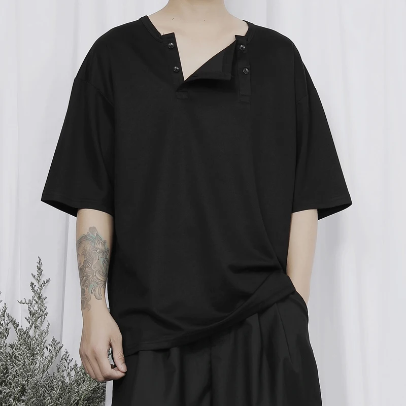 

Large sizemen's 2021 new t-shirt men's summer short sleeve shirt Japanese minority double breasted loose short sleeve T-shirt