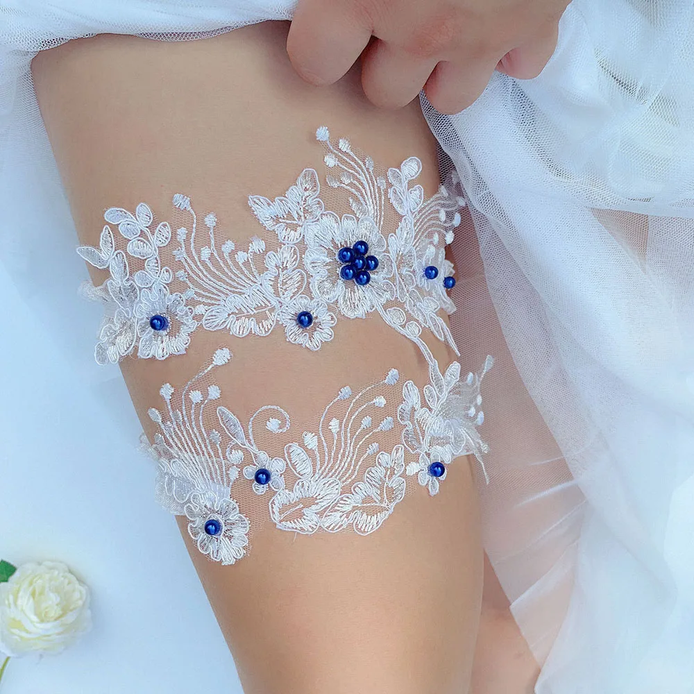 K03 2 PCS เซ็กซี่ลูกไม้ดอกไม้คริสตัลไข่มุกงานแต่งงานต้นขาแหวนเจ้าสาว Garter Garter Belt ผู้หญิงผู้หญิง