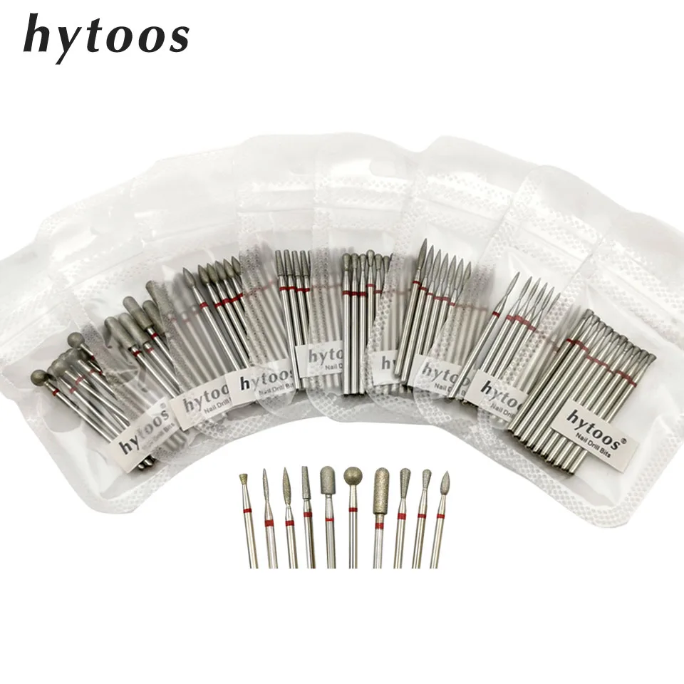 HYTOOS Fine Grit Diamond Nail Drill Bits 10pcs/Set Russian Cuticle Burr Manicure Drills Nails Accessories Tool