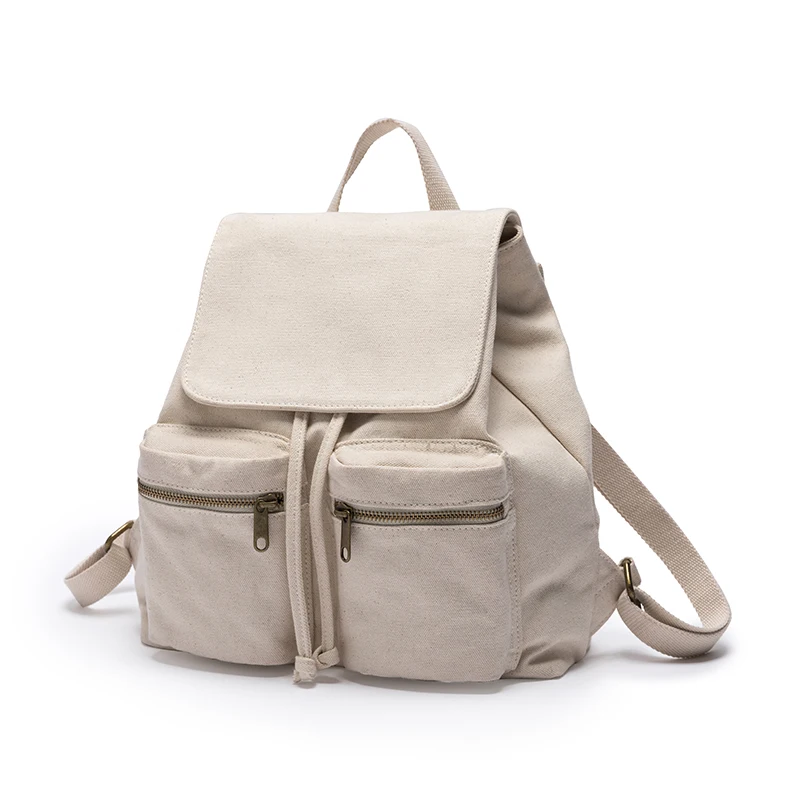 Pure color casual canvas bag backpack Korean style drawstring college backpack