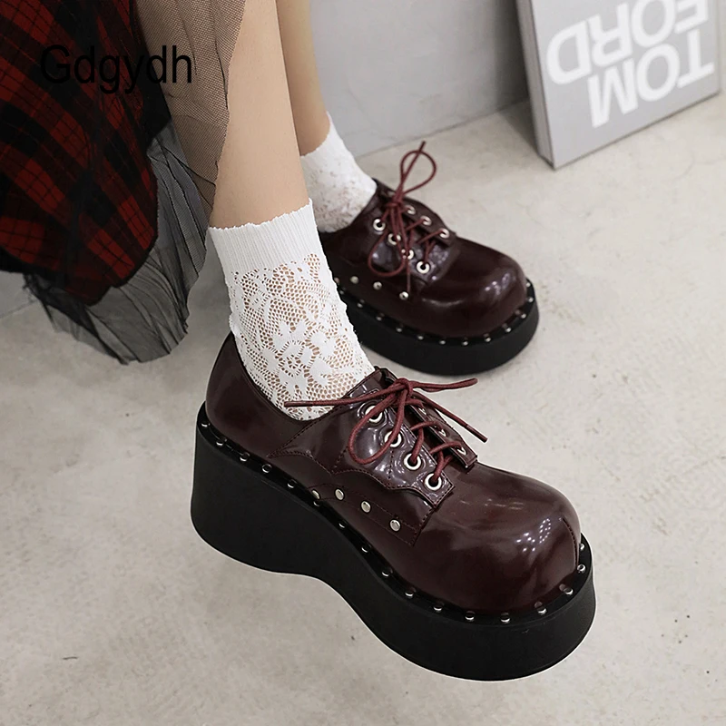 Gdgydh Punk Style Shoes Woman Platform Heel Metal Rivet Dark Bat Fashion Trendy Women Pumps Wedge Bottom Burgundy School Student