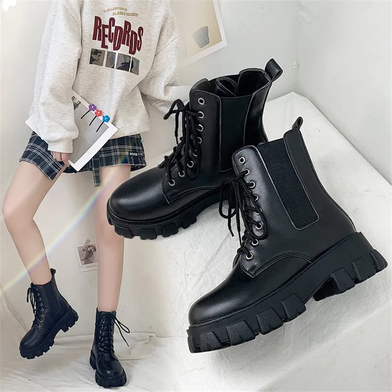 Boots Women Motorcycle Shoes Platforms Women Boots Wedges Female Lace Up Platforms Leather Oxford Shoes Woman High Heels