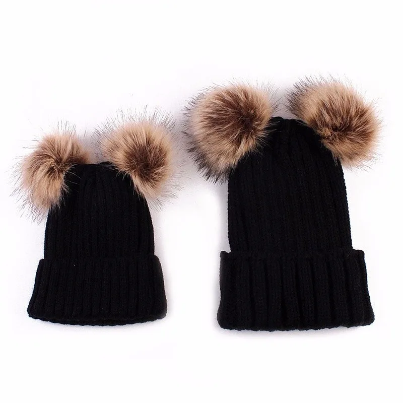 Dropshipping Winter Double Plush Ball Cap Hat for Women Baby Girls Knitted Beanies Cap Hat Thick Female Autumn Gorro New