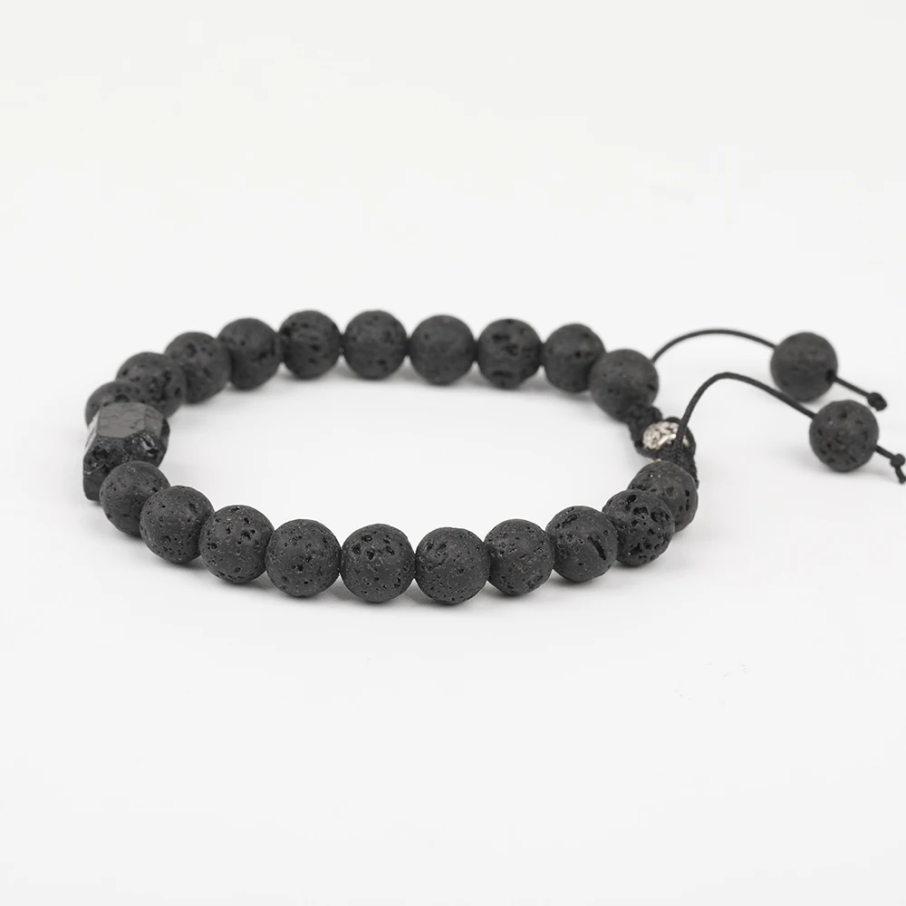 10Pcs/Lot Natural Black Tourmaline Single Chip Beads 8mm Black Lava Beads Cord Knotted Adjustable Bracelet Jewelry N0384JBC.E