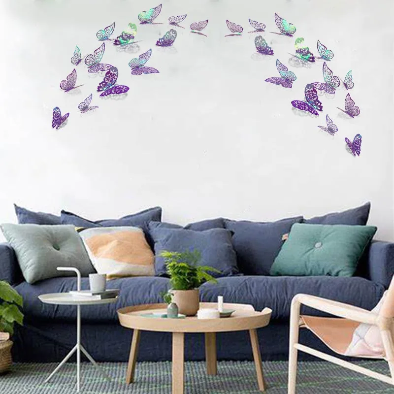 12Pcs 3D Purple Blue Butterflies Wall Stickers Hollow Butterfly for Kids Rooms Home Wall Fridge Decor DIY Art Mural Room Decor