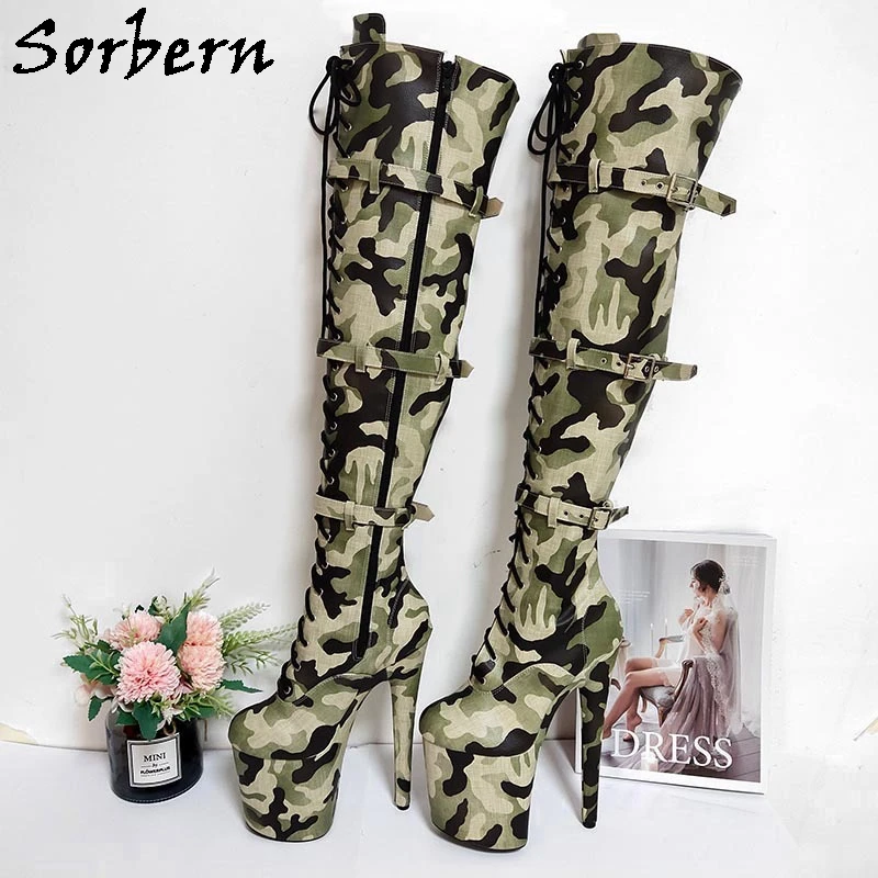 Sorben Camouflage Mitte Der Oberschenkel Stiefel Frauen Pole Dance Stripper Hohe Ferse 20Cm Plattform Straps Schnalle Benutzerdefinierte Bein Breite Shalft länge