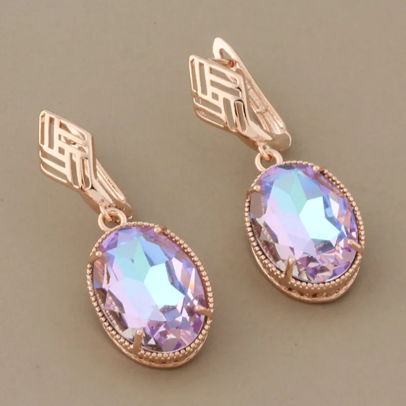 Anniversary 585 Rose Gold Color Big Earrings Oval Color Crystal High Quality Dangle Earrings Women Wedding Party Jewelry