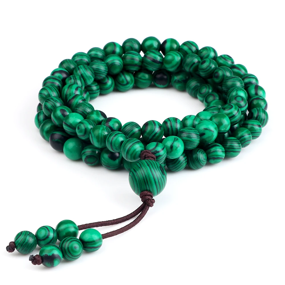 Collier de perles Malachite pour hommes et femmes, 108 Bracelets tibétains en pierre naturelle de 6mm, faits à la main, bijoux de prière enveloppés