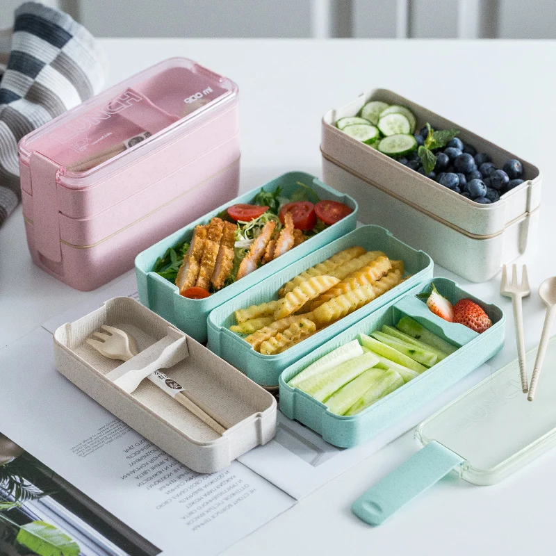 900ml Portable Healthy Material Lunch Box 3 Layer Wheat Straw Bento Boxes Microwave Dinnerware Food Storage Container Foodbox