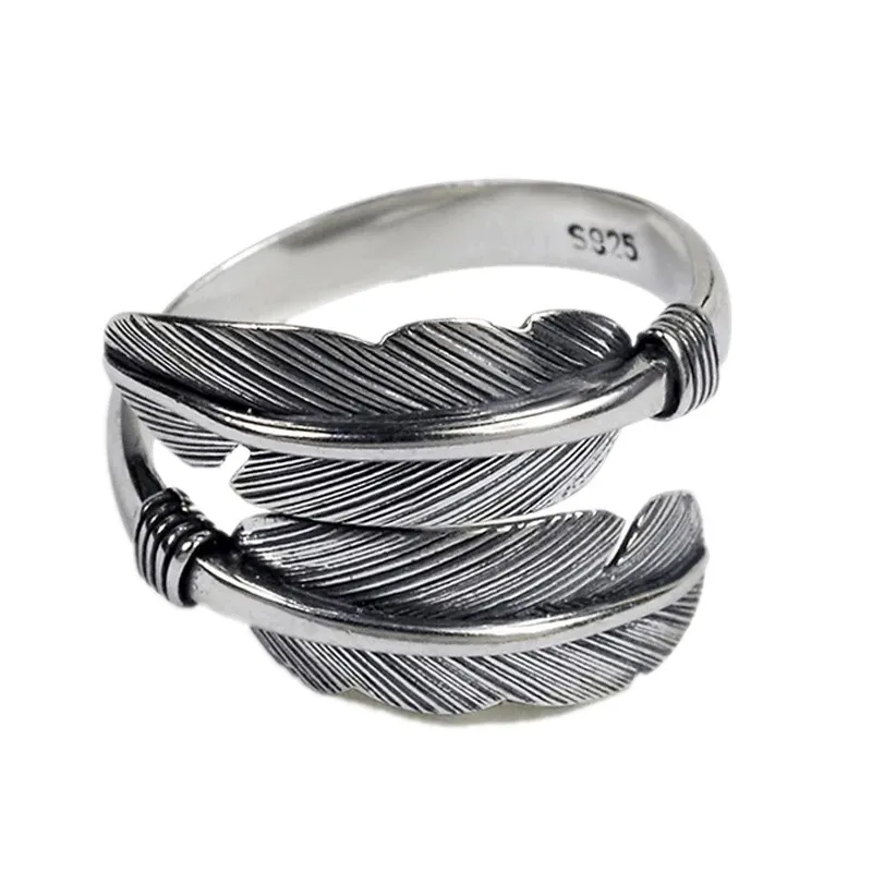 

BOCAI New S925 Silver Jewelry Feather Ring Simple Retro Roman INS Style Hip-hop Man and Woman Rings