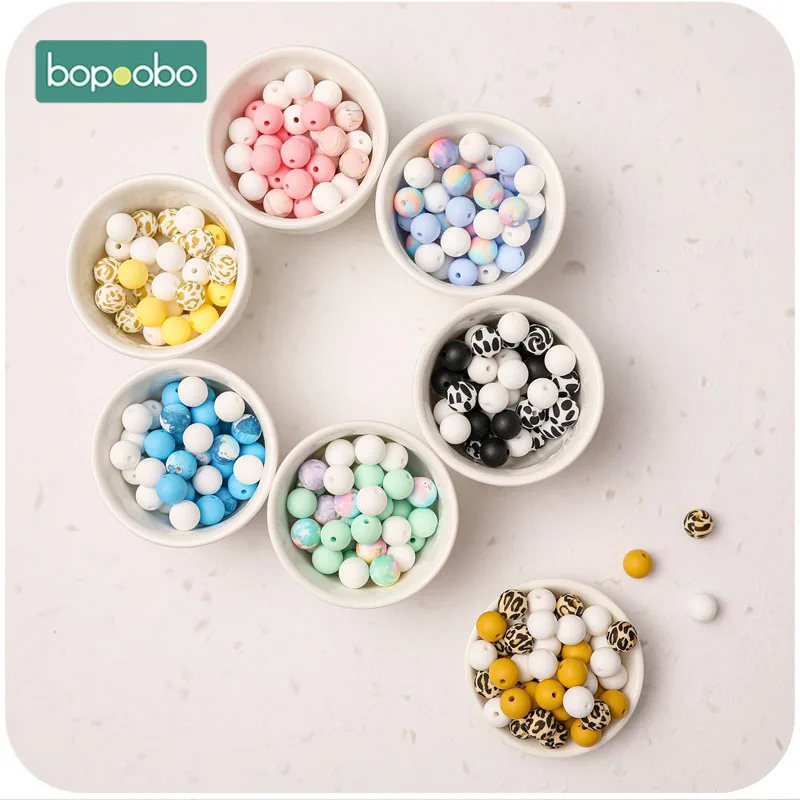 

Bopoobo 50Pcs Mixed Color Silicone Beads 12MM Baby Teether BPA Free Food Grade Silicone Teether Can DIY Bracelet Pacifier Chain