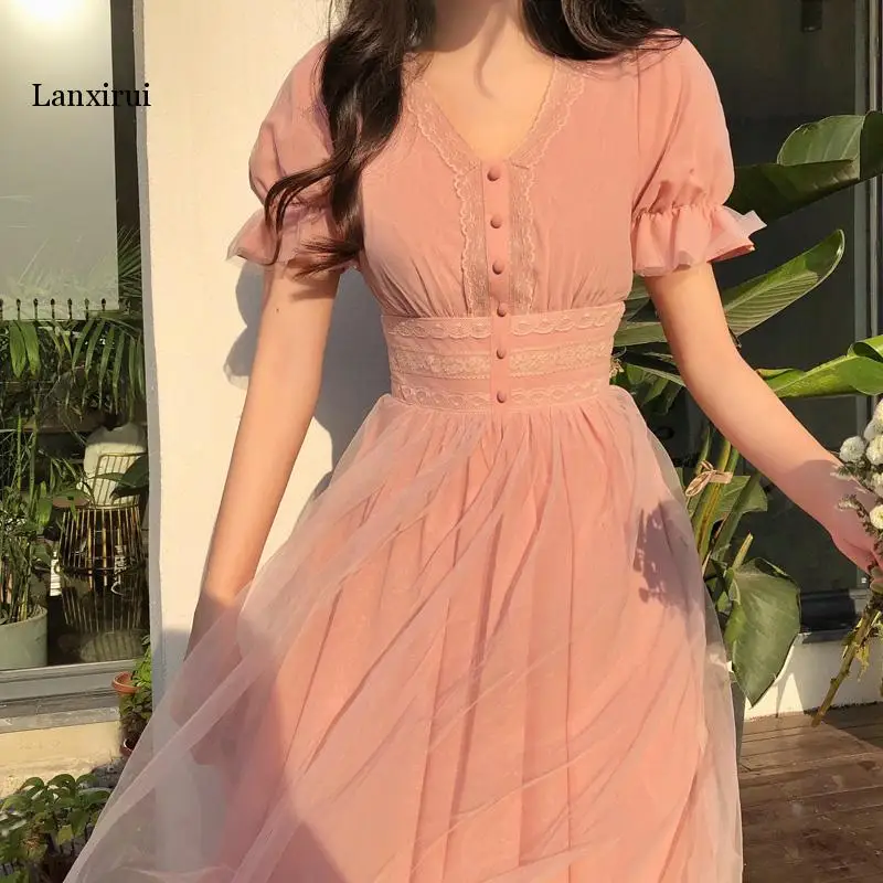 Summer Mesh Dress Female V-neck Short Puff Sleeve A-line Women Dress Slim Korean Style Mesh Elegant Vintage Vestidos