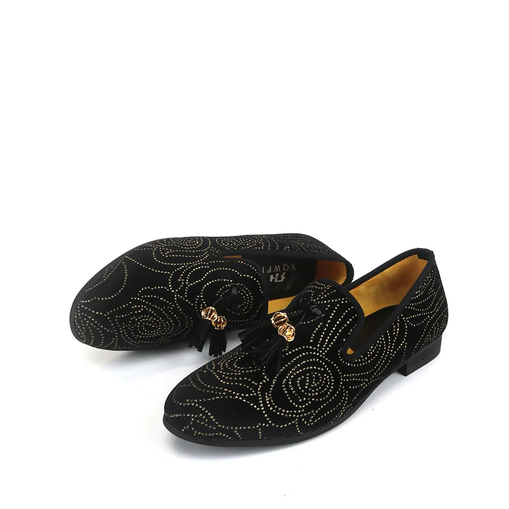 XQWFH Mens Black Embroider Loafers Luxury Rhinestone Moccasins Shoes Men Tassel Casual Slippers Slip On Flats Brand Dress Shoes