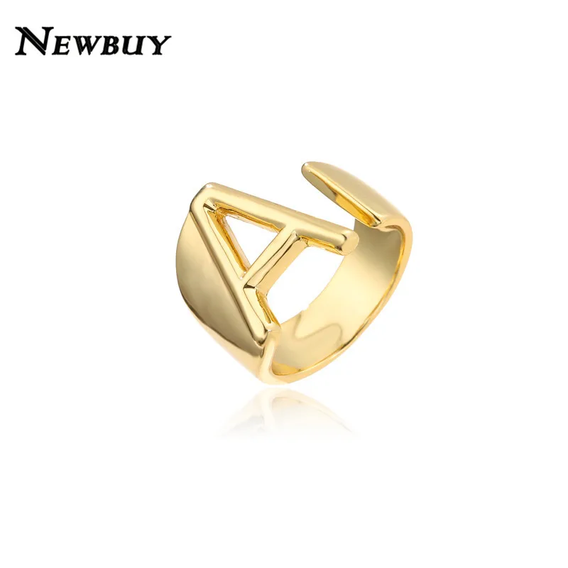 Hollow A-Z Letter Gold Color Metal Adjustable Opening Ring Initials Name Alphabet Female Party Chunky Wide Trendy Jewelry