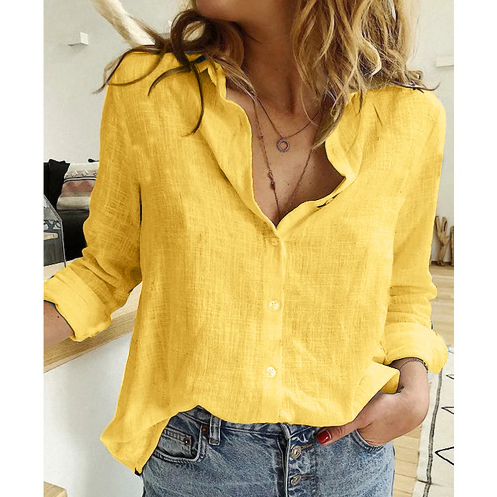 Leisure Yellow Blue Shirts Button Lapel Cardigan Top Lady Long Sleeve Loose Oversized Shirt Women Blouses Spring