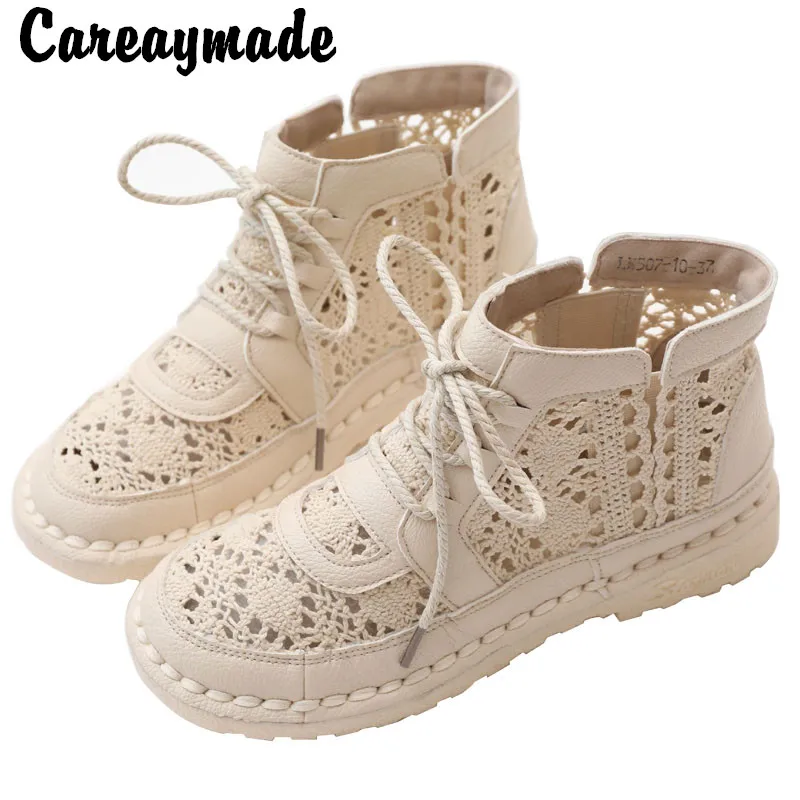 Careaymade-stivali a rete in pelle di mucca e canapa, sandali letterari da donna, suola vintage super morbida comode scarpe da donna traspiranti