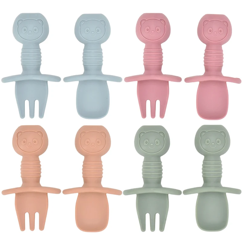 2 unids/set Mini tenedor cuchara de silicona de grado alimenticio para bebé conjunto de utensilios con estampado de animales cuchara de alimentación aprender a comer vajilla para niños