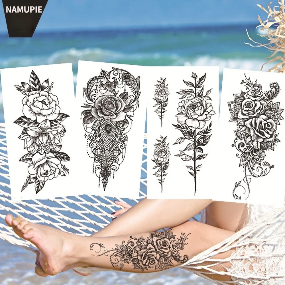 Waterproof Temporary Tattoo Sticker  Flash Tattoos Skull Snake Wolf Blue Pink Rose Flowers Body Art Arm Fake Sleeve Tatoo Women