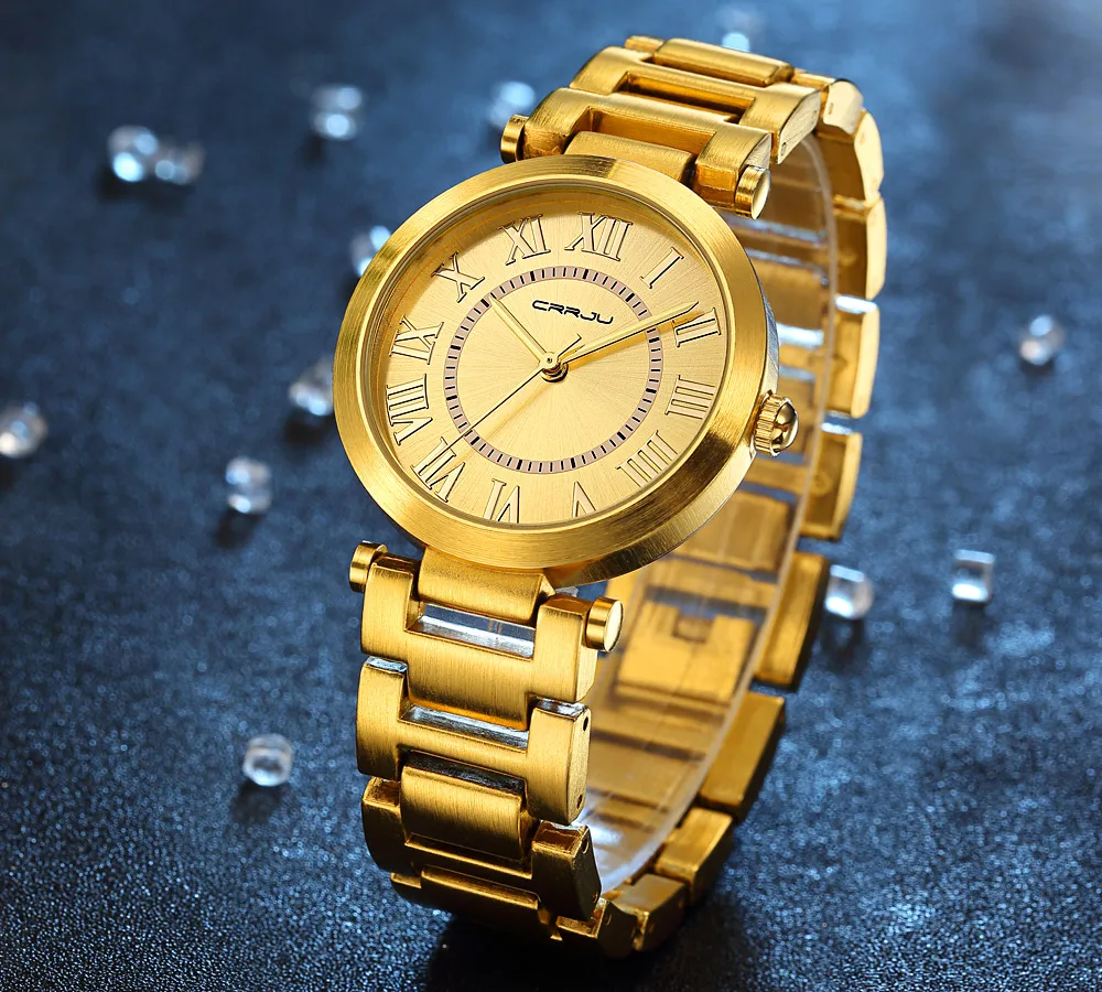 CRRJU Brand Top Luxury Ladies Gold Watch Women Golden Clock Female Women Dress Rhinestone Quartz Waterproof Watches Feminine