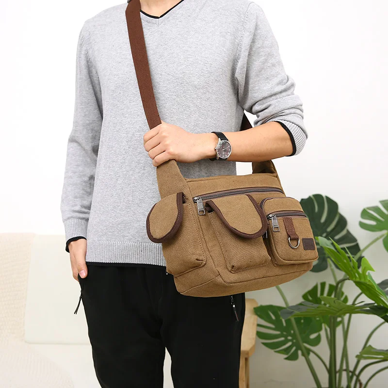 Men Canvas Shoulder Bag Travel Handbags Multifunction Messenger Bags Solid Zipper Top-handle Pack Casual Crossbody Bags