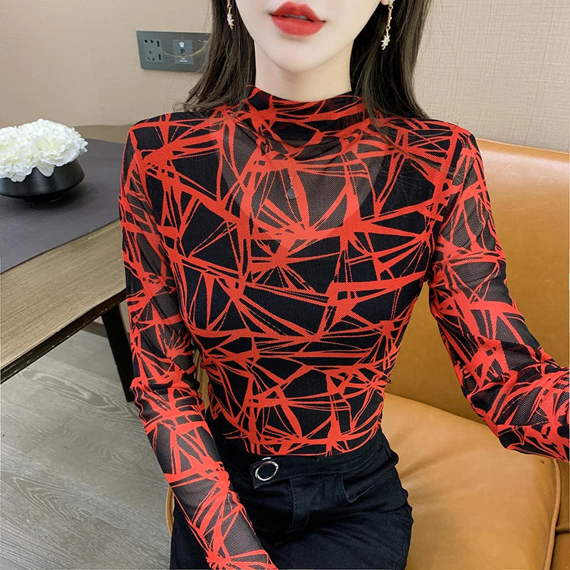 2021 New Autumn and Winter Long-sleeved Women's Slim Bottoming Shirt Tops Mujer Elegantes Plus Fashion Clothing Blusas Red 1310