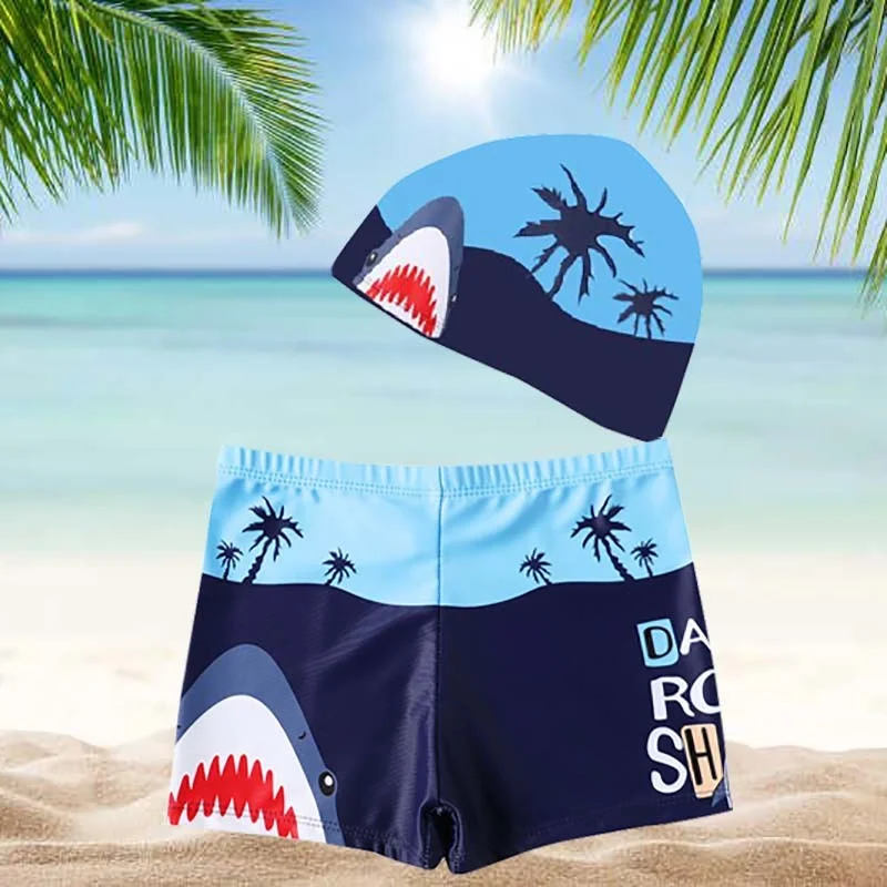 3-14 Years Beach Shorts Shark Swimming Cap Set Boys Swimsuit Trunks Style Boys Bathing Suit Swimwear Summer Swimming Trunks