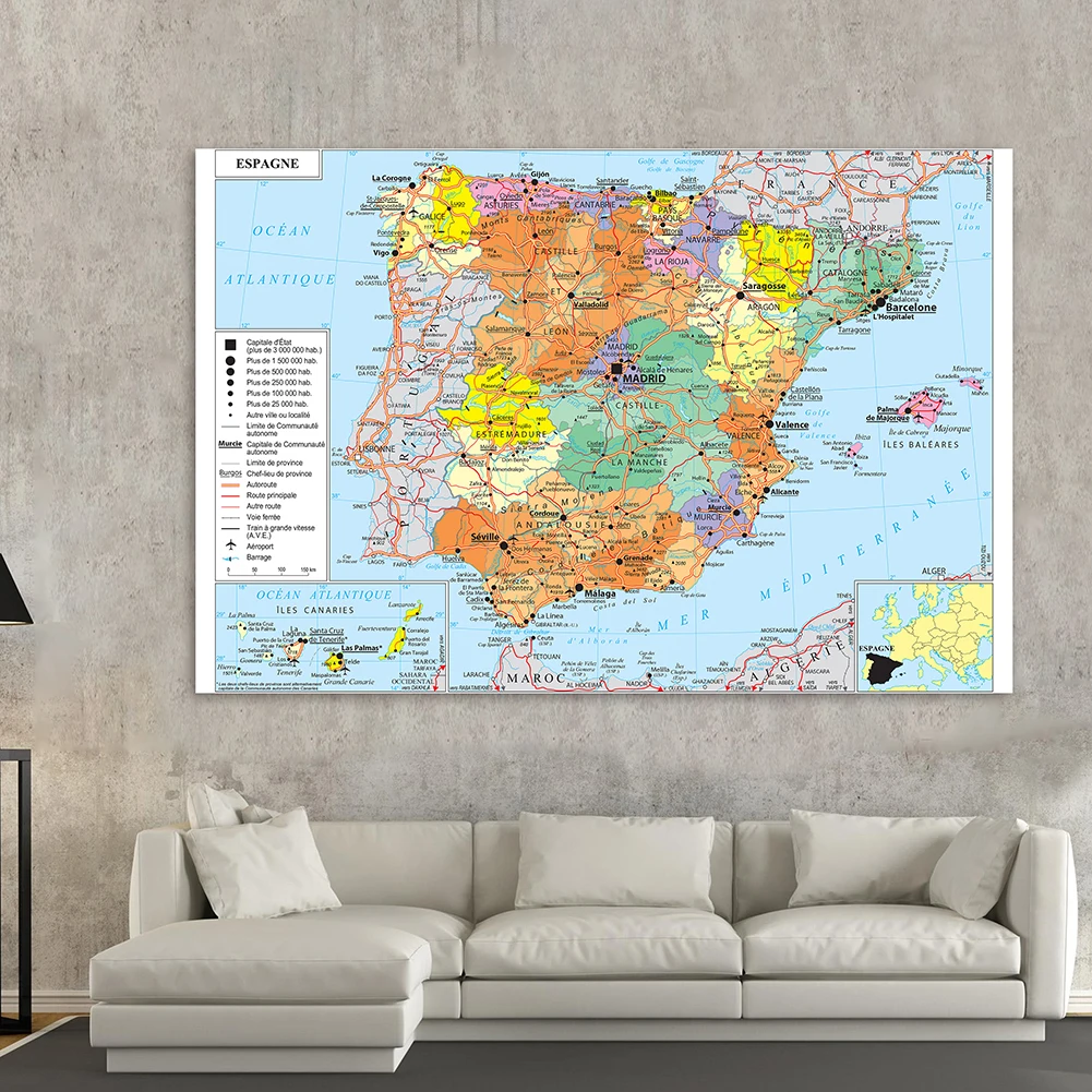 Carte de transport de l'espagne en français, 225x150cm, peinture sur toile Non tissée, grand affiche détaillée, décoration de maison, fournitures scolaires