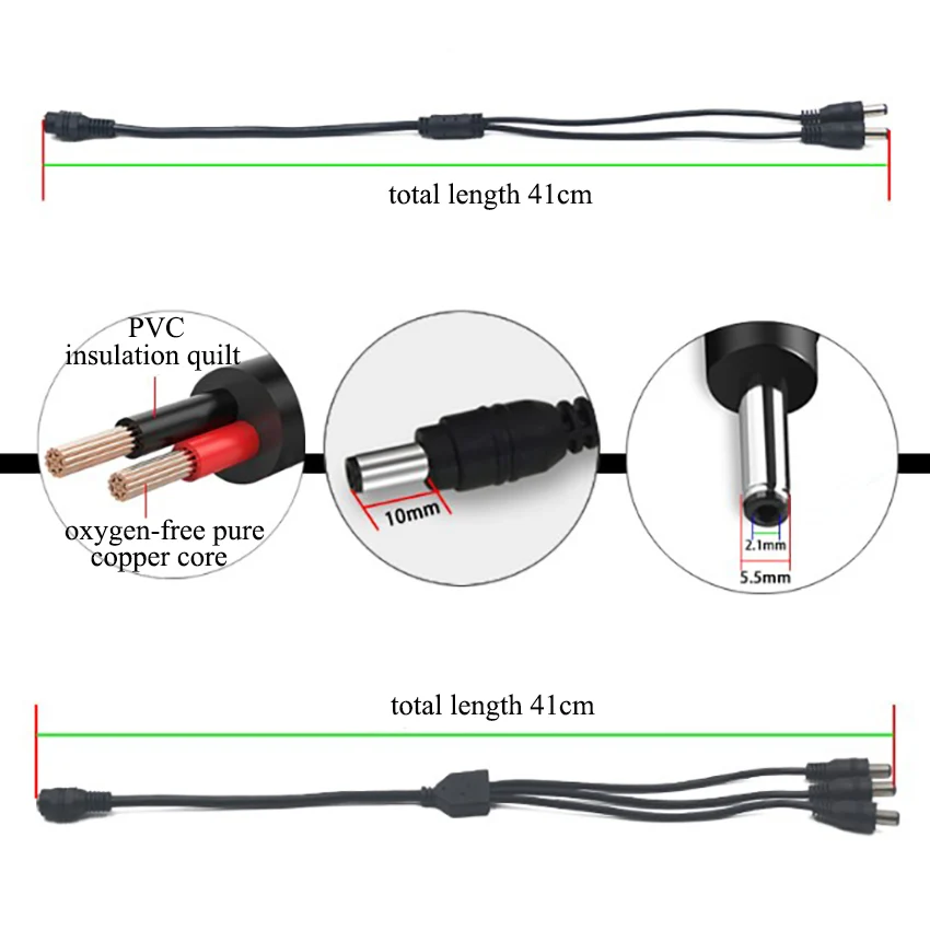 41 cm 1 żeński na 2/3/4/5/6/8 męski przedłużacz zasilania DC 5,5 * 2,1 mm przedłużacze złącza kabel rozgałęźny kamery bezpieczeństwa