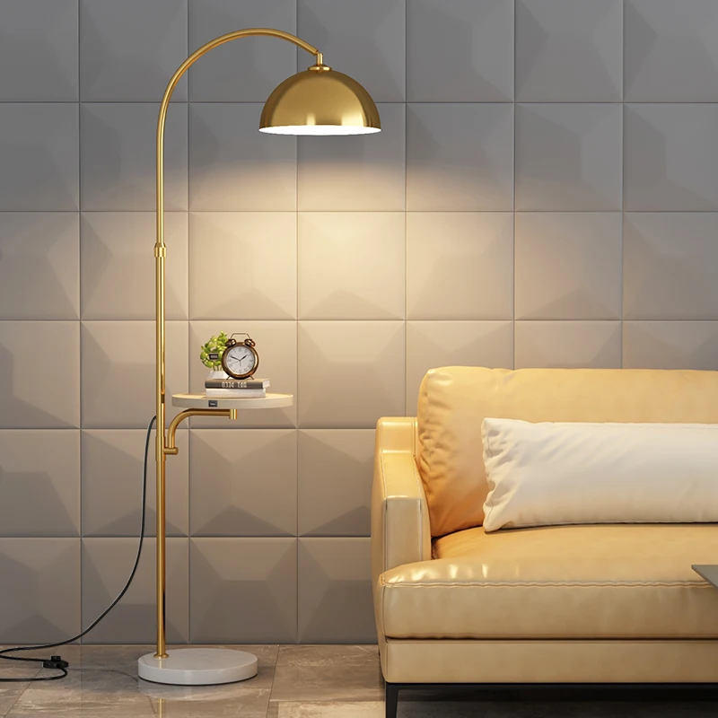 Gold LED Floor Lamp With Round Table Remote LED Standing Lamp wood Metal Home Decor USB Wireless Charge Living Room Beside Lamp