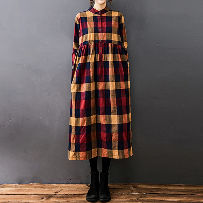 New  Autumn Winter Women Dress Vintage Plaid Casual Loose Fashion Cotton Linen Long Sleeve Elegant Ladies Dresses Clothing