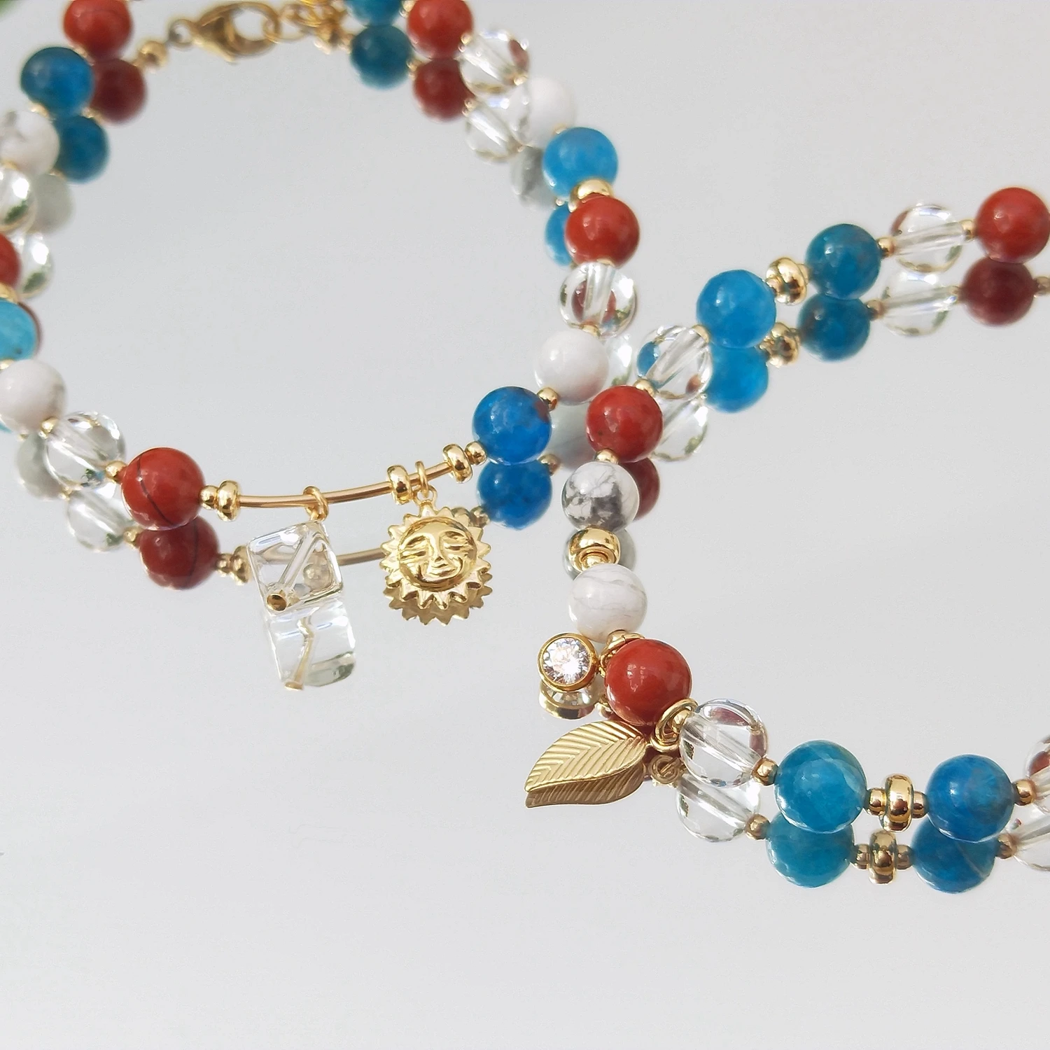 Lii Ji Gemstone Charms Bracelet Natural Apatite Clear Quartz Red Jasper Howlite 6mm American 14K Gold Filled Jewelry